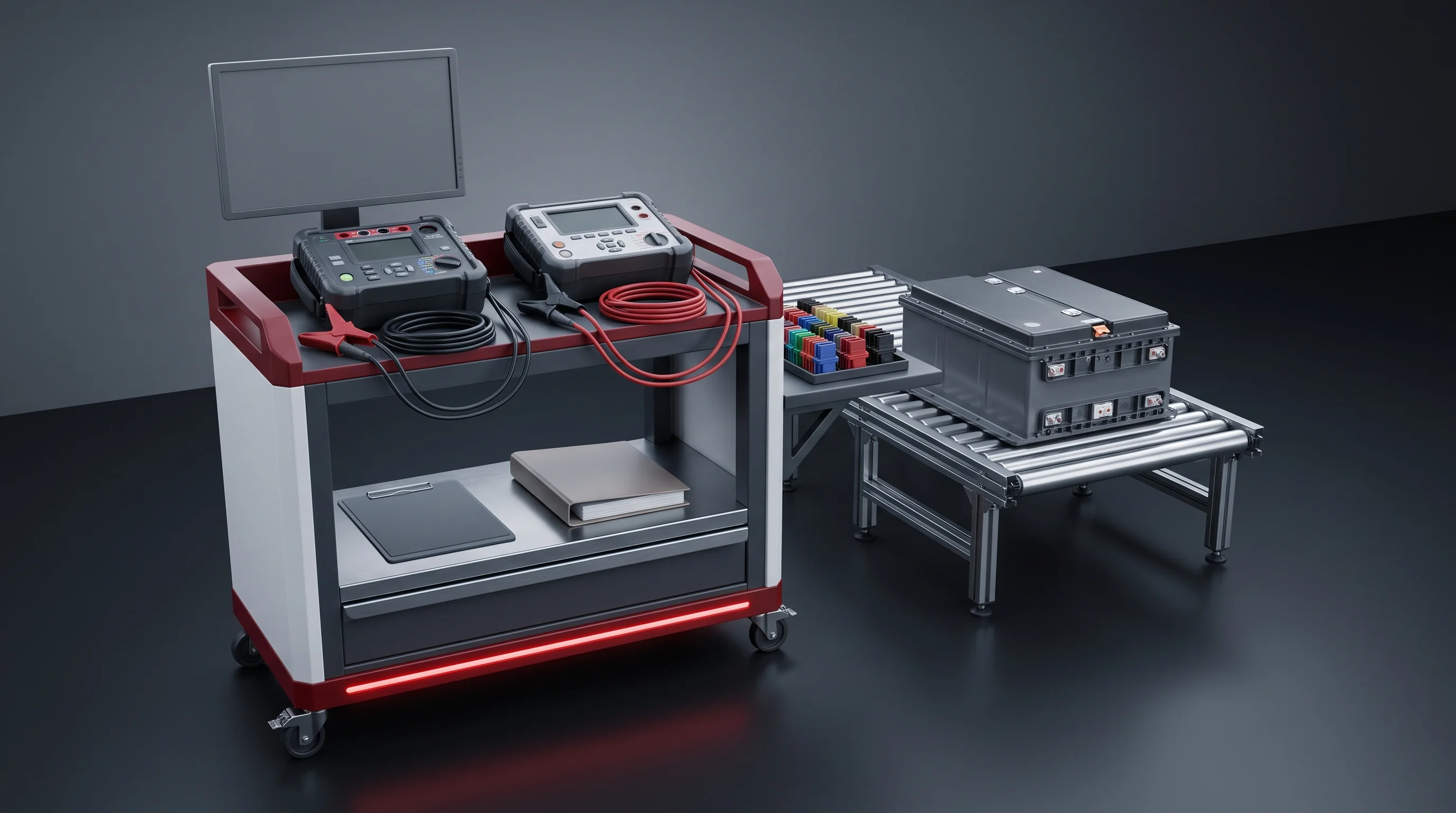 Acceptance bench for the cell testing & sorting station, measured values printed beside criteria