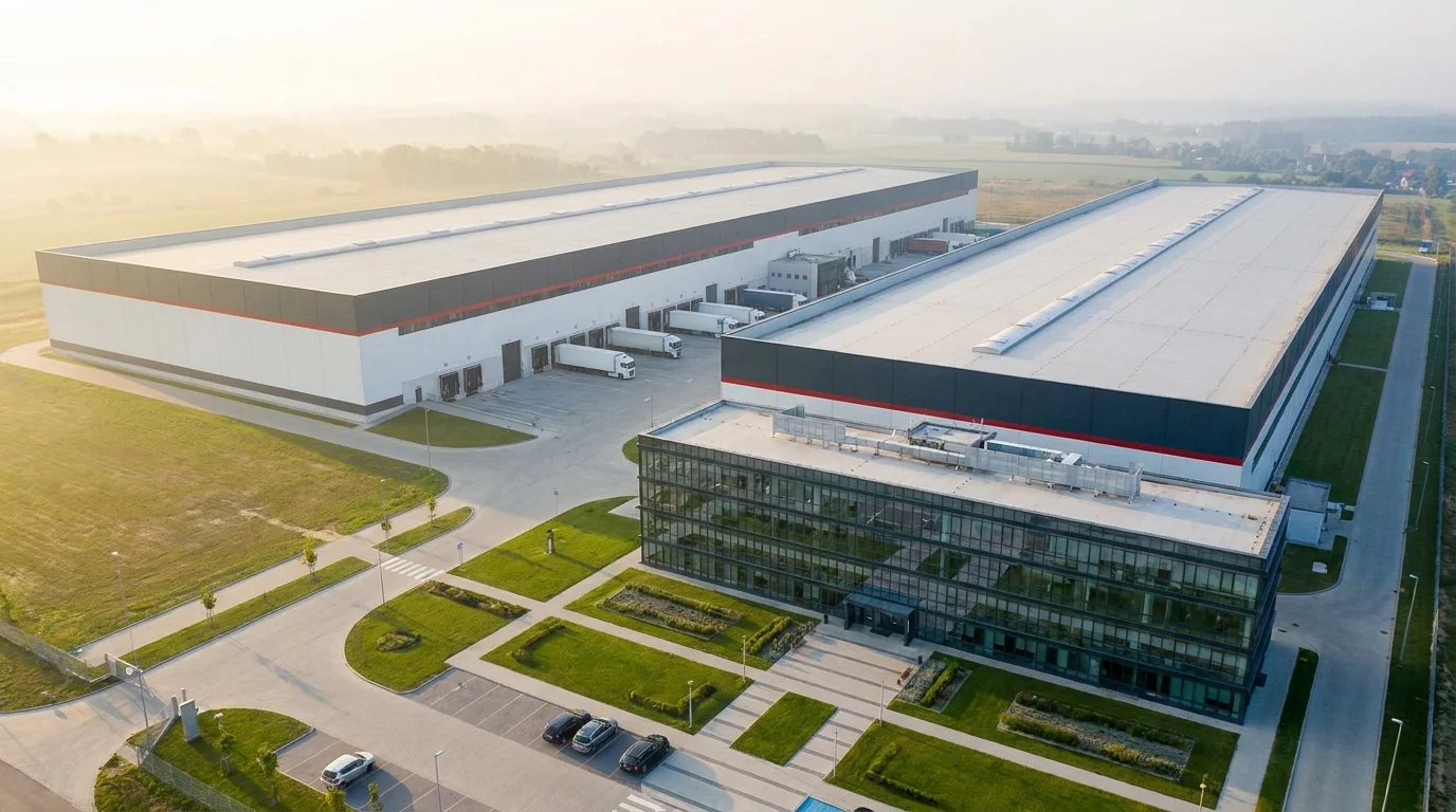 Aerial view of the BatteryLine Pro plant: two assembly halls and the engineering office block where module and pack lines are built and powered up before shipment