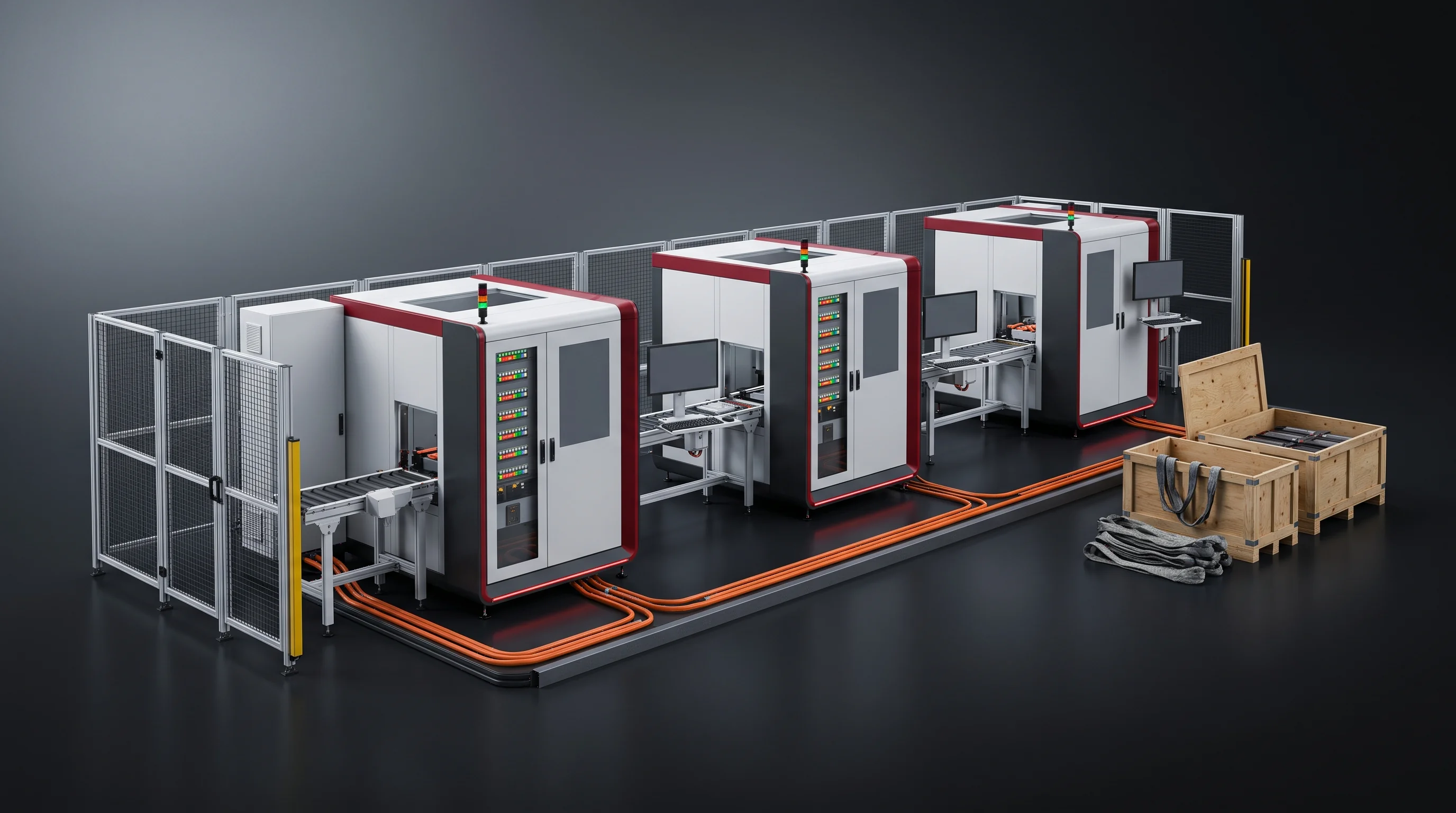Pre-assembly bay where the line runs factory acceptance on the customer's own cells, busbars, end plates, enclosures and cooling plates