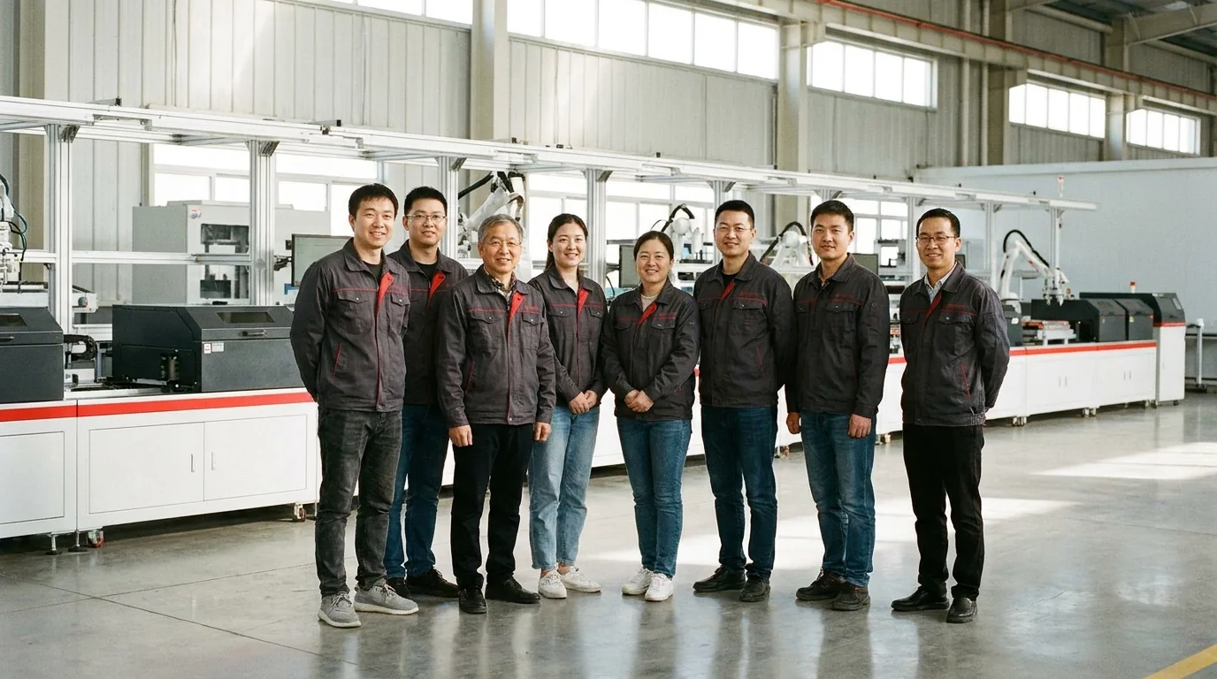 BatteryLine Pro engineering team of mechanical, electrical, laser and vision and field commissioning engineers in front of a battery module assembly line