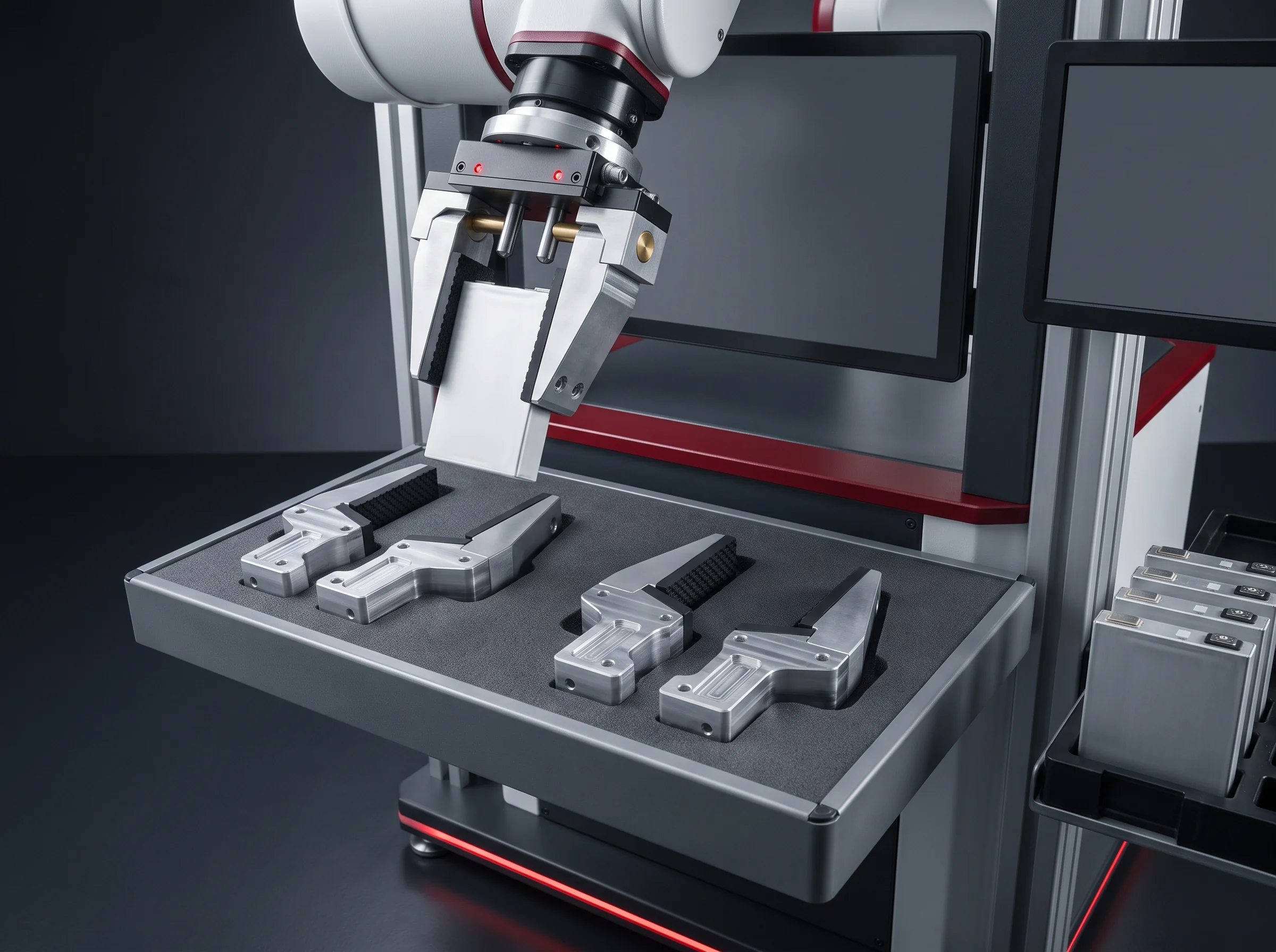 Robot gripper holding a prismatic cell above a tooling tray with spare gripper fingers