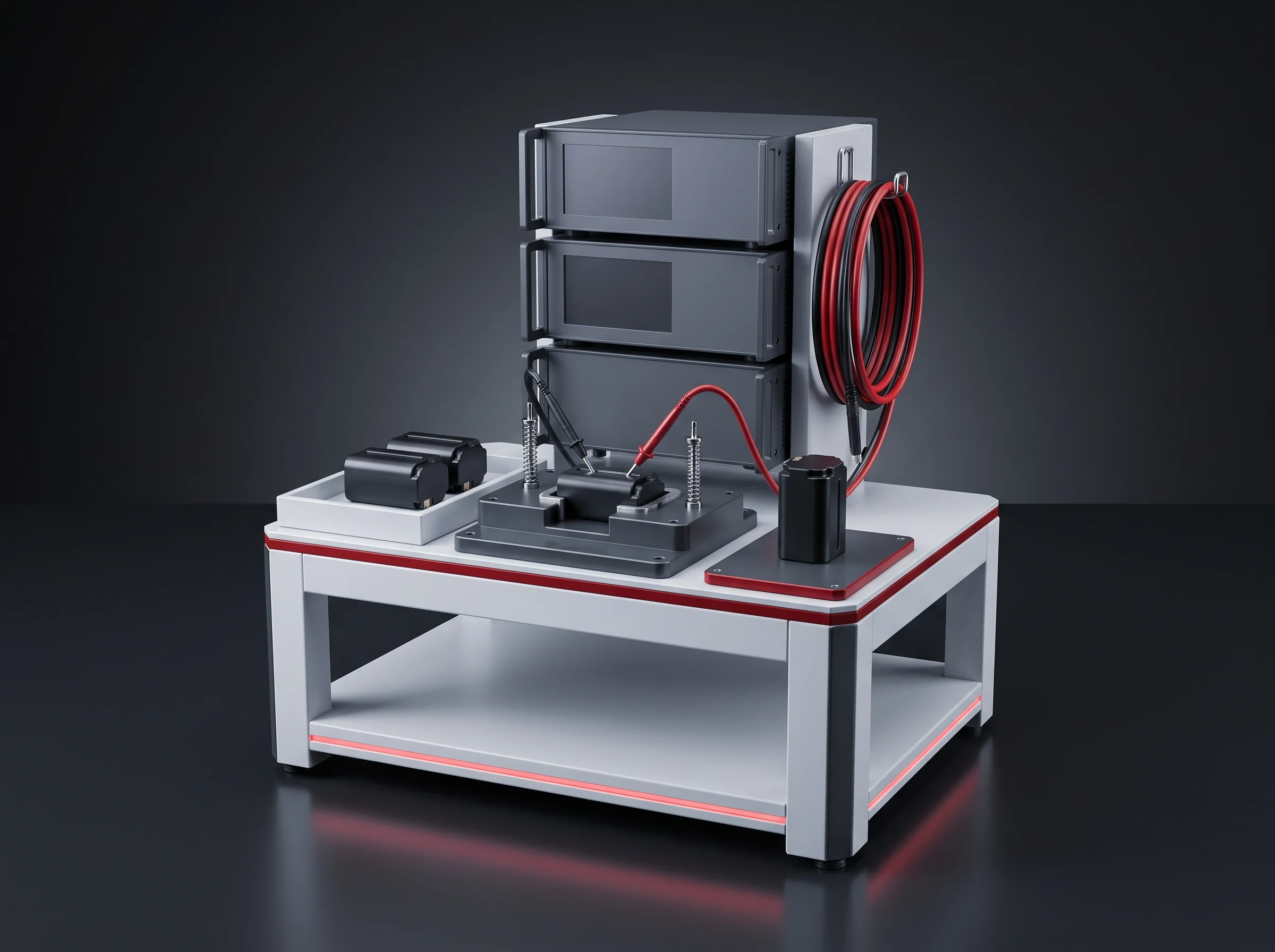 Low-voltage pack test bench with a pack held in its probe nest