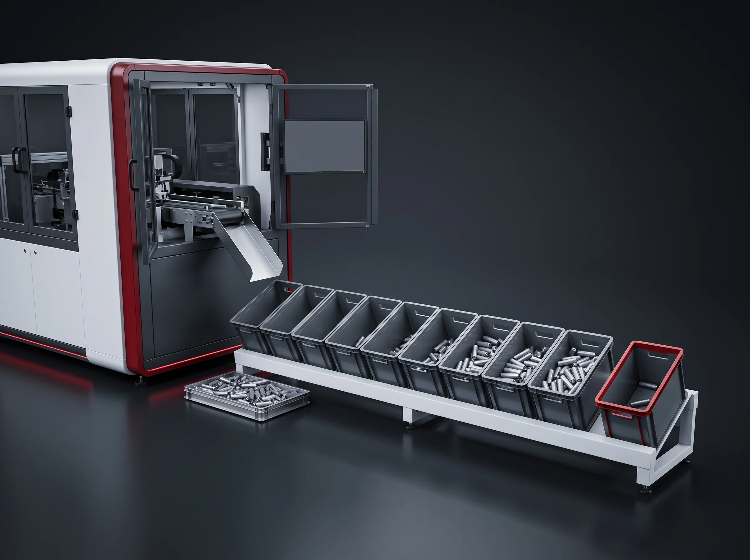 Ten sorting bins and one red NG bin at the outlet of the cylindrical cell sorter