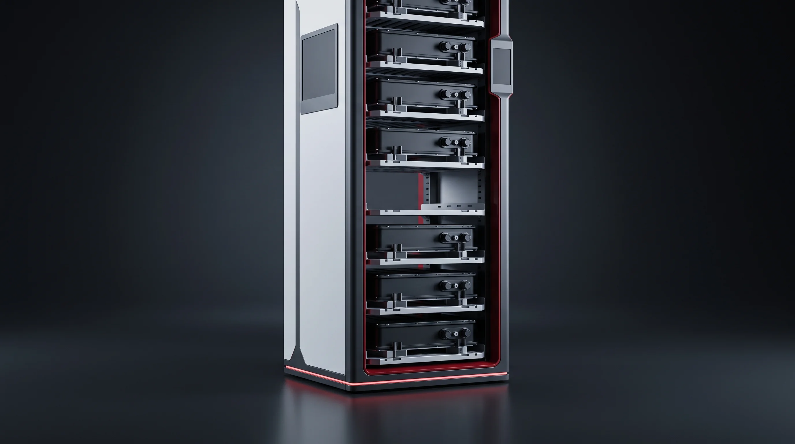 Rack of energy-storage battery packs of the kind a commercial and industrial storage manufacturer builds on the line