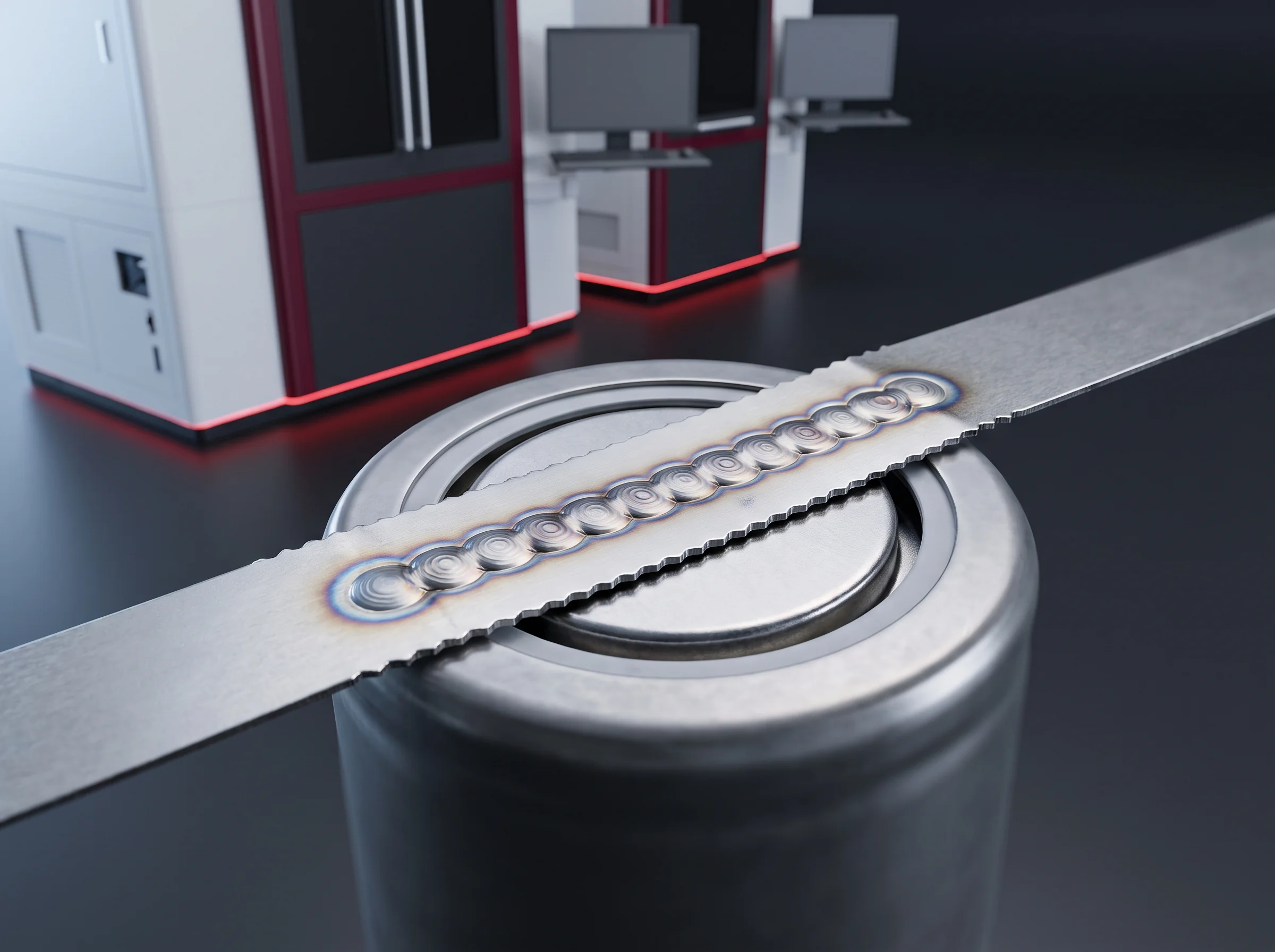 Close view of a laser seam on strip, the bead width the station 14 camera measures