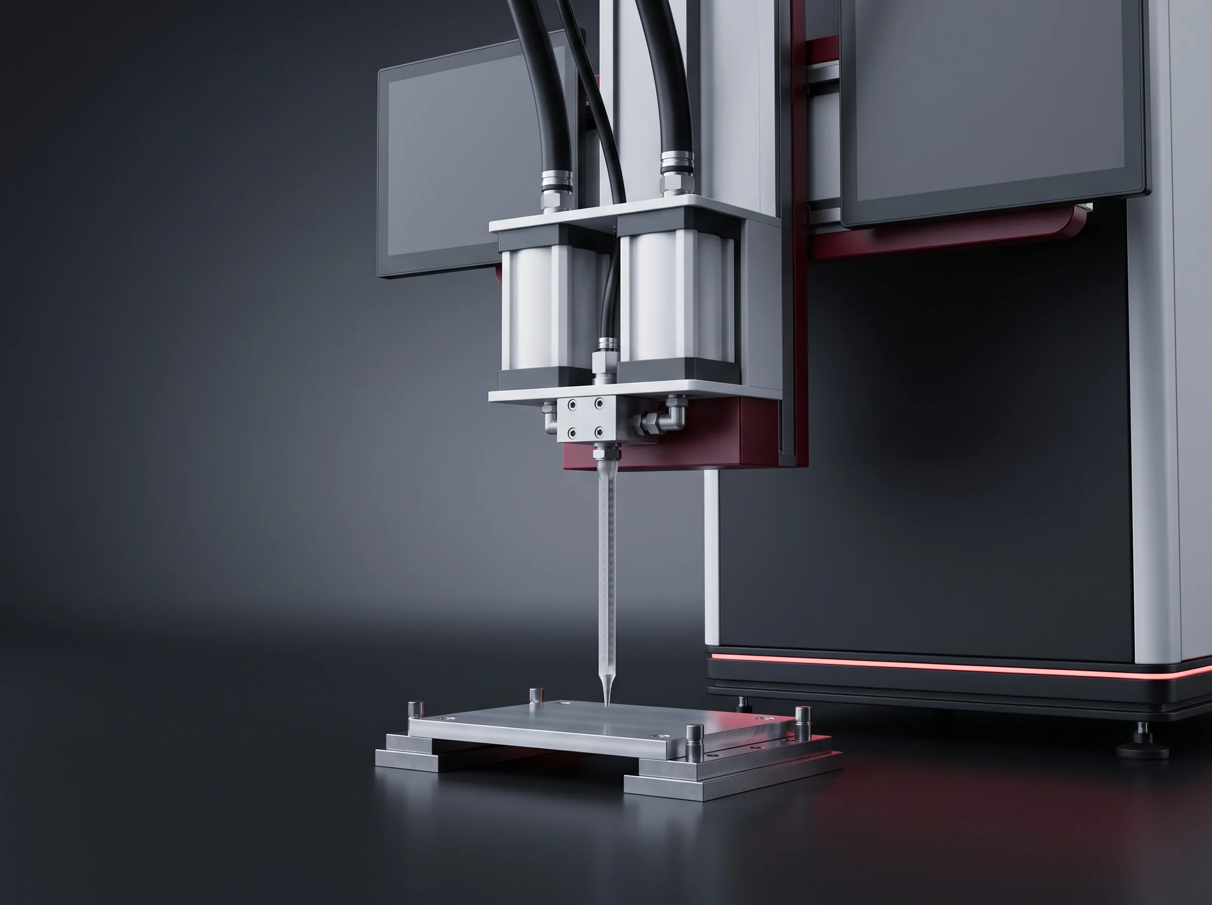 Twin-servo two-component metering head with its static mixing tube at the liquid cooling plate gluing station
