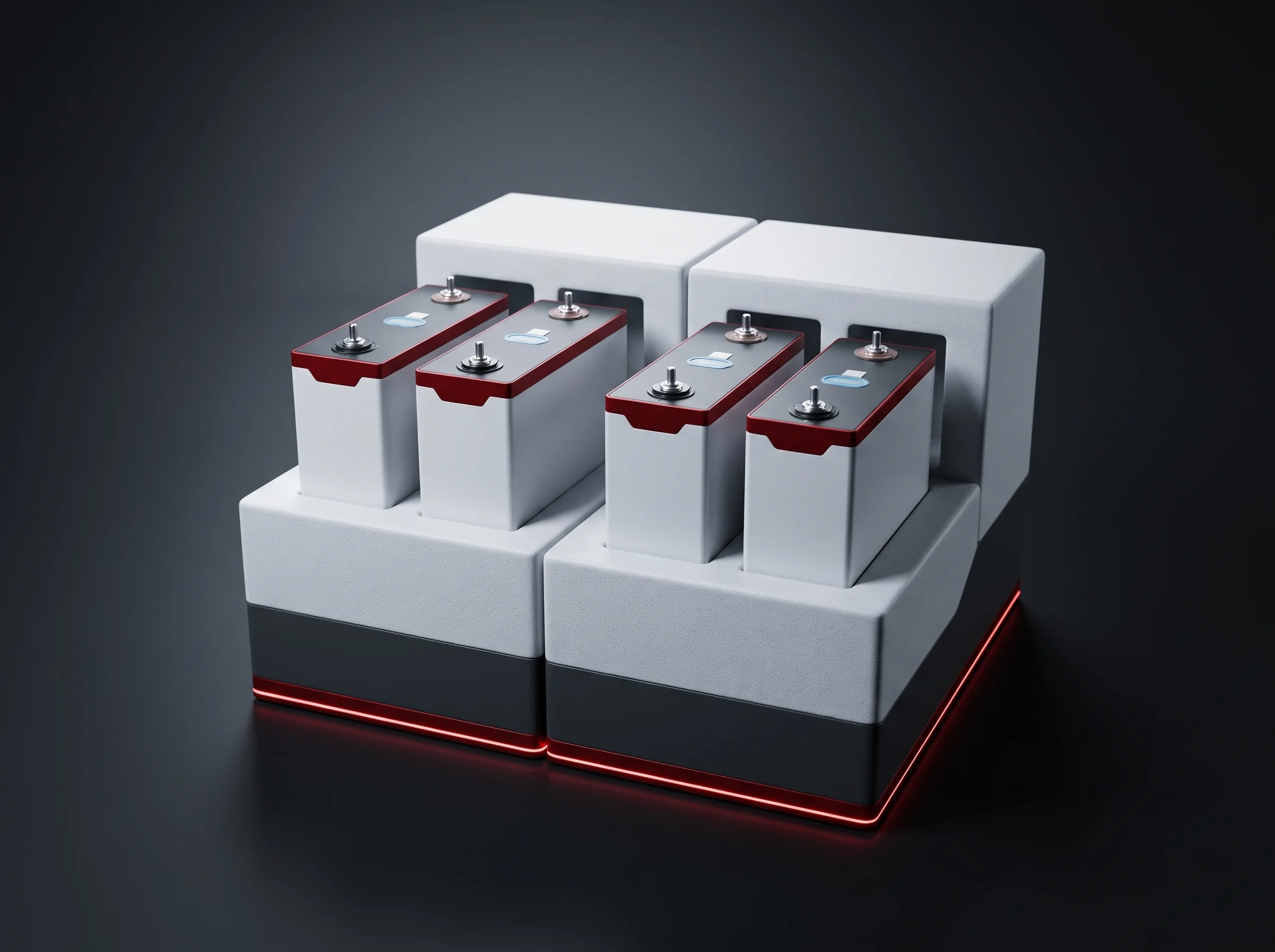 Prismatic cells arrayed on a tray before the battery assembly line takes them off it