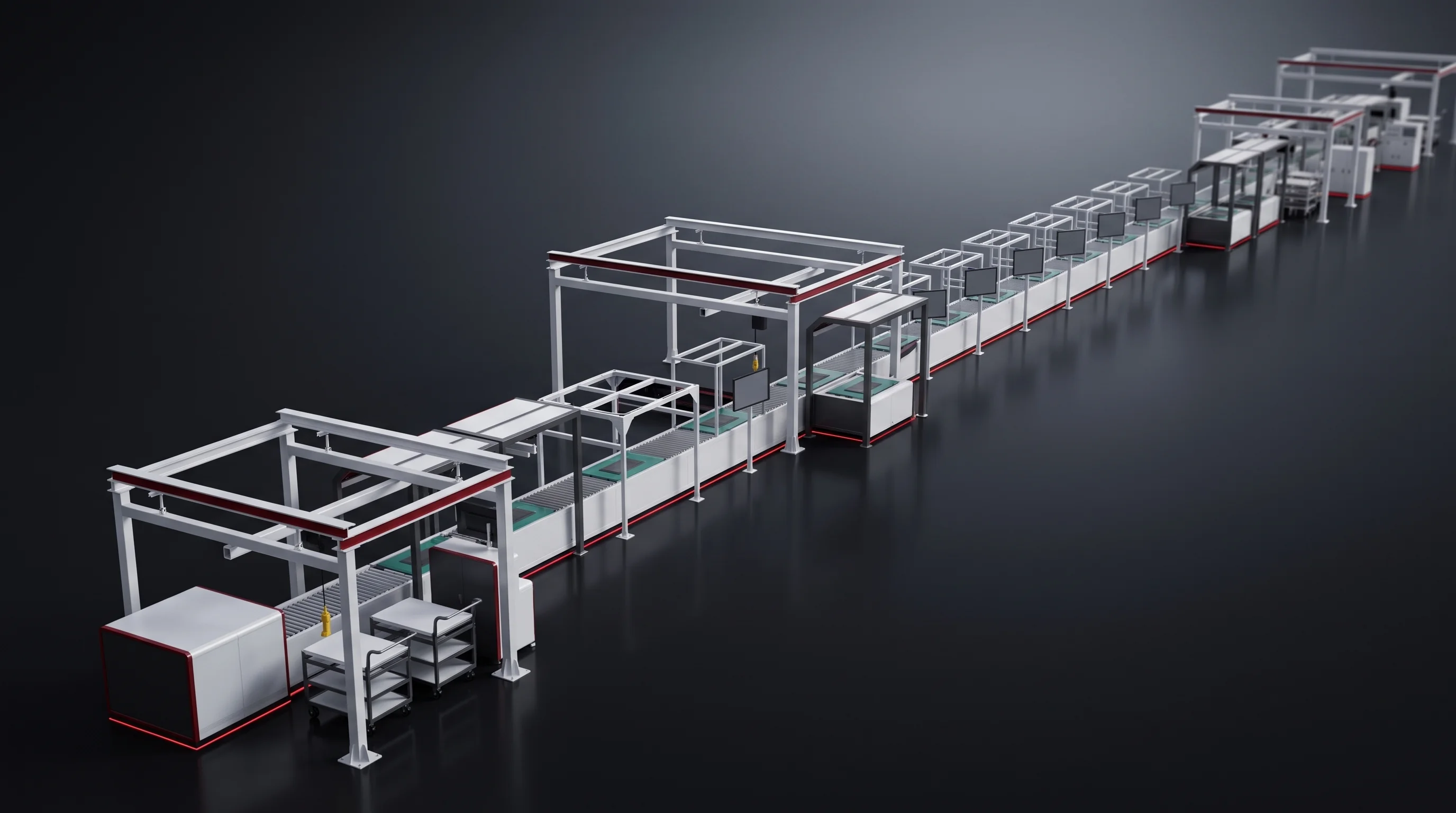 Battery assembly line seen along its full run, from cell handling through to line-off