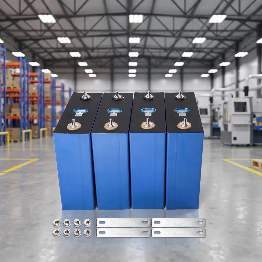 Prismatic storage cells with busbars and terminal hardware laid out for assembly